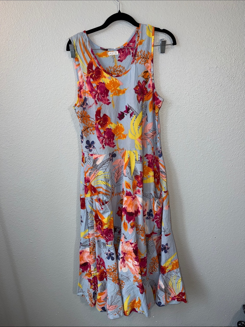 Floral Scoop Neck Dress in Light Blue with Pink & Yellow Print
